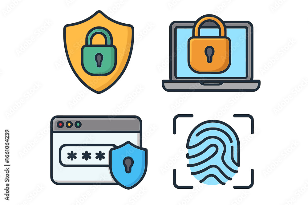 Poster cybersecurity icon set for digital protection and data safety. vector graphics of shield, padlock, l