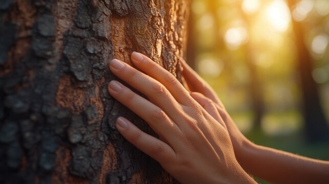 Someone is holding onto a tree trunk in the sunlight