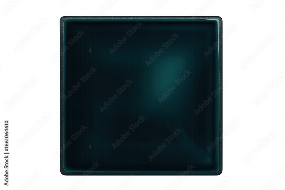 Poster teal-colored screen with soft rounded edges, floating on transparent surface for showcasing digital 