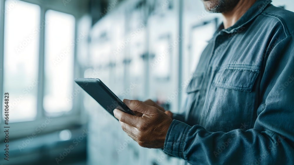Poster Technician using tablet in front of control panel in high tech industrial setting