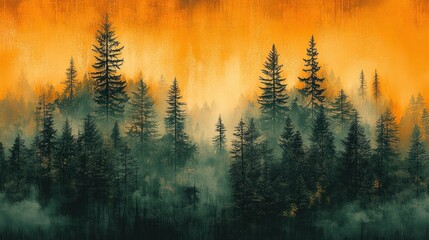 Obraz premium Trees in the foreground are covered in mist and orange