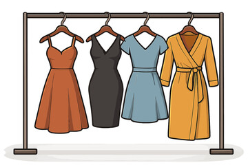 Variety of women's dresses on hangers. Fashion collection on a clothing rack. Concept for boutique, shopping, retail or personal wardrobe. Vector illustration of different styles.