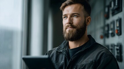 Technician using tablet in front of control panel in high tech workspace