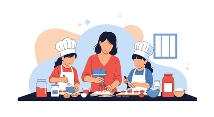 Joyful mother and daughters baking together, creating sweet memories in the kitchen, culinary fun