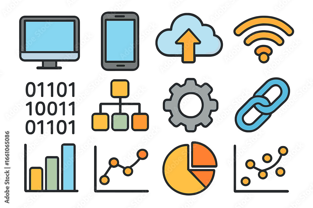 Poster data analysis and digital technology icon set. vector symbols for big data, cloud computing, and bus