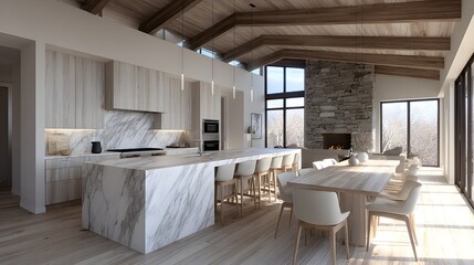 Bright modern kitchen with marble island and exposed beams creates a comfortable family living space.