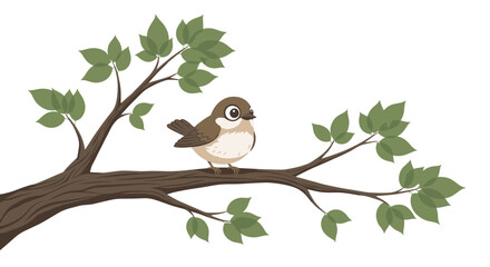 Fototapeta premium Charming cartoon bird perched on a leafy tree branch, a delightful nature scene