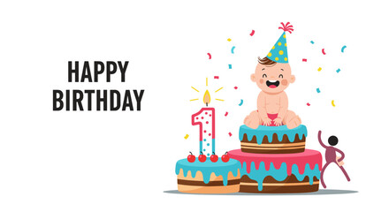 Adorable baby celebrating first birthday with a delightful cake and festive confetti, a joyful moment