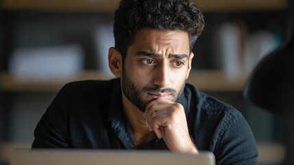 thoughtful concentrated indian business man entrepreneur investor manager using computer watching webinar working in office analyzing online data market thinking doing web research looking at laptop 