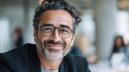 Fototapeta premium portrait of happy mature businessman wearing spectacles and looking at camera multiethnic satisfied man feeling confident in a creative office successful middle eastern business man smiling no logos