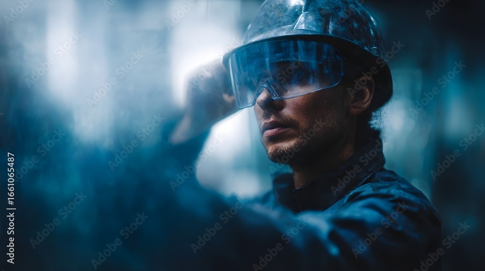 Poster worker inspecting a hine via digital hologram in a tech enhanced factory