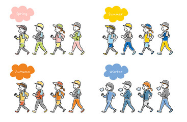 ウォーキングをする男女のベクターイラスト 四季セット