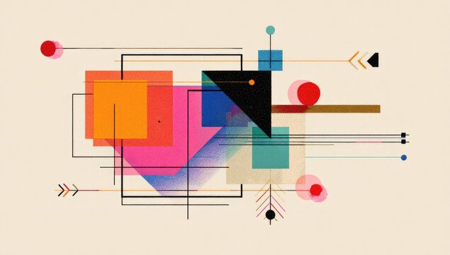 Abstract geometric composition featuring overlapping squares, triangles, and circles in vibrant colors on a light beige background