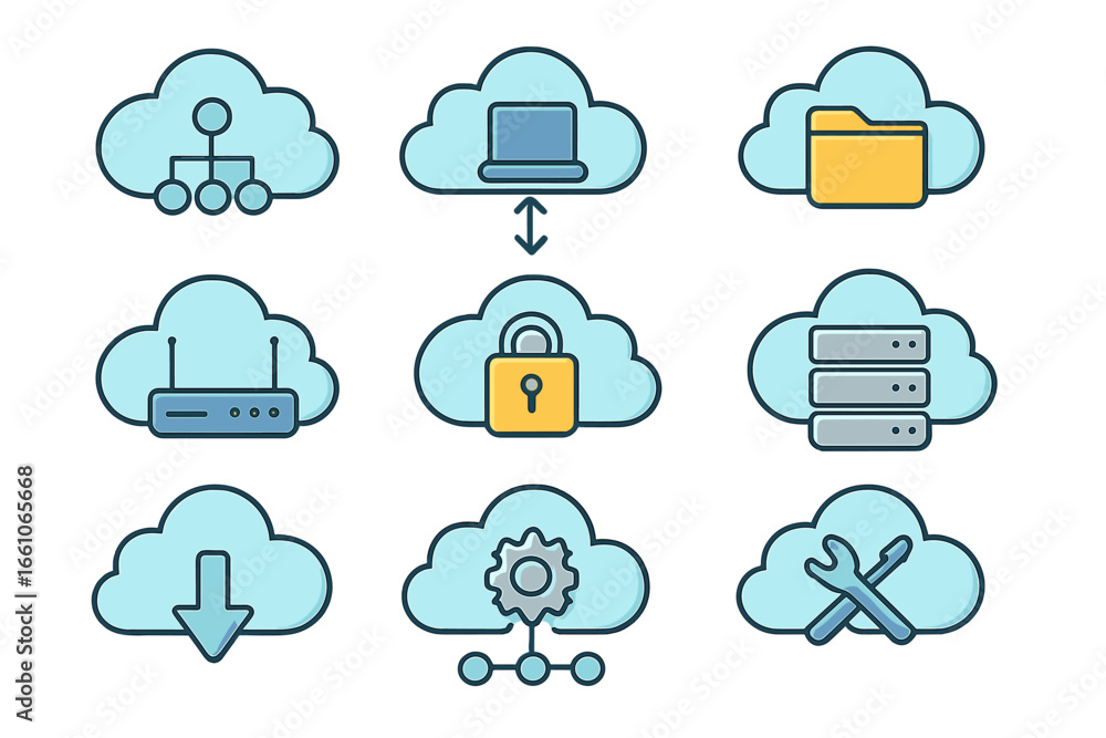 Poster cloud computing vector set. cartoon cloud icons for networking, storage, security, data management, 