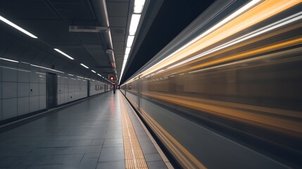 Fototapeta premium Speeding subway train blurs through modern station with streaking lights in motion blur