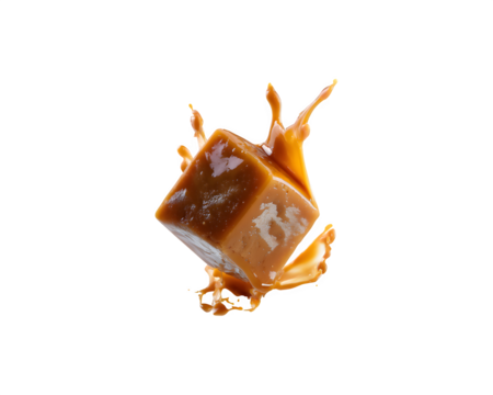 A caramel-colored cube appearing to float or fly through the air