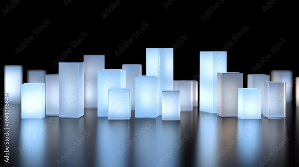 Poster a collection of glowing blue cube-shaped objects arranged in a cityscape.
