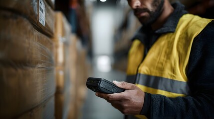 Worker scanning barcode with handheld device in warehouse