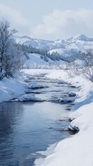 Winter landscape with a snow-covered stream, trees, and mountains