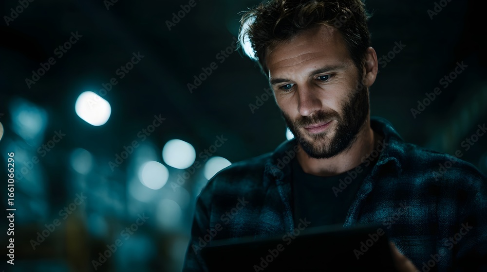 Poster professional using tablet to monitor workflow in low light setting