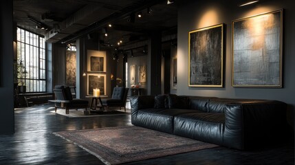and keyword list based on the image

 Dark Gallery Exhibits Paintings; Furniture Seating, Viewers Inside Room/Building.