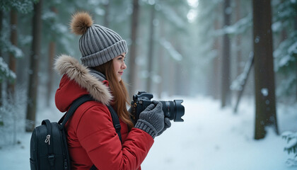 Young woman holding camera and photographing in snowy forest  