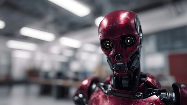 An industrial robot with facial recognition scanning in a tech focused lab