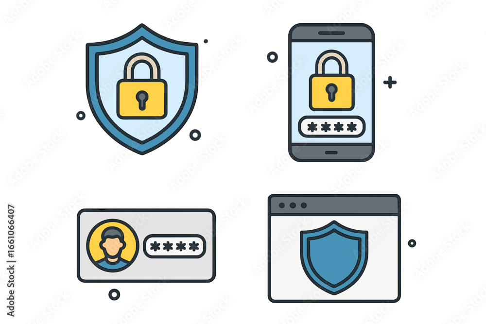 Poster digital security and identity protection icons set. cybersecurity shield, password login, privacy pa