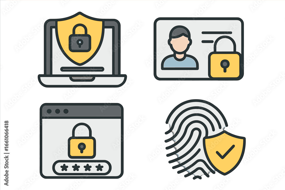 Poster cybersecurity concept icons laptop shield lock password privacy protection fingerprint verification 