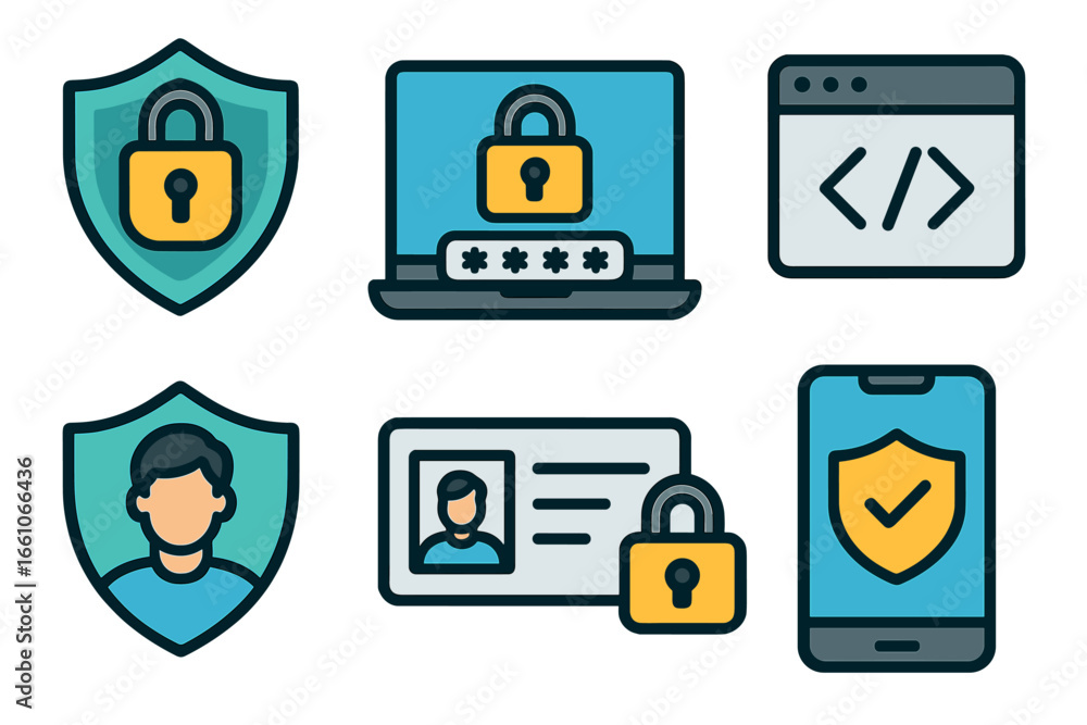 Poster Digital security and identity protection vector icons set. Cybersecurity, data privacy, secure authentication, shield, padlock, password, user ID, verification, mobile and web technology concepts