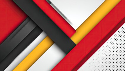 Abstract design with intersecting, layered shapes in red, black, yellow, and white