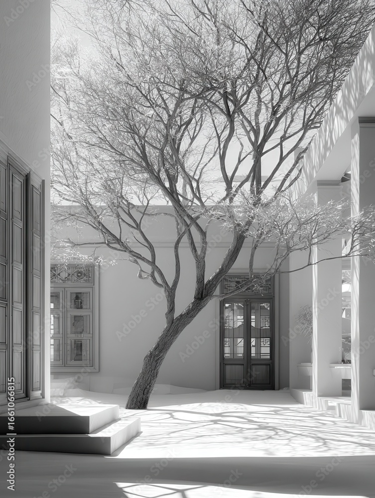 Poster monochrome serenity of tree and shadows created with generative ai