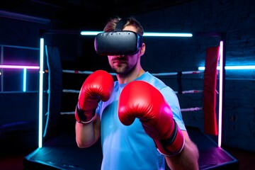 Man wearing a vr headset and boxing in virtual reality with neon lights and boxing ring with screen background.