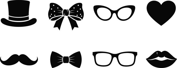 Black silhouette vector set of fashion accessories, facial features, and decorative symbols for design, party props, and creative projects © Snigdha Creatives