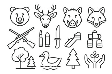 Forest Wildlife and Hunting Vector Icons Set – Deer, Bear, Fox, Wild Boar, Duck, Hunting Equipment, Binoculars, Knife, Ammunition, Trees, Nature Conservation Symbols – Simple Linear Style