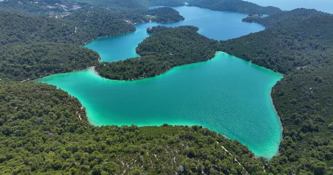 Aerial view of vibrant turquoise saltwater lakes surrounded by dense forest in Mljet National Park, Croatia