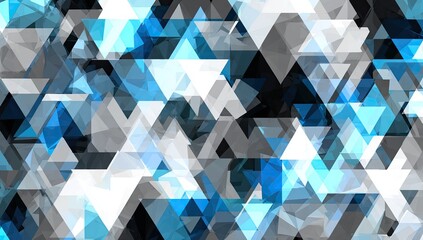 Abstract geometric pattern of overlapping translucent triangles in shades of blue, gray, and white on a black background