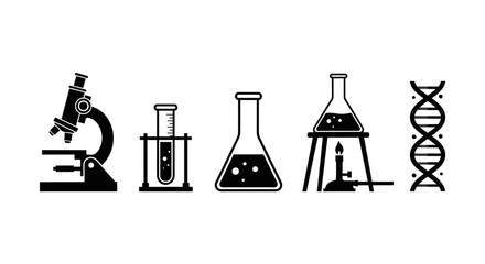 Science and Laboratory Equipment Icons of Microscopes, Beakers, and DNA Structures