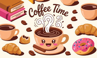 A whimsical and colorful illustration of "Coffee Time" with a cute, smiling coffee cup surrounded by coffee beans, pastries, donuts, and books.