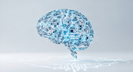 Digital brain illustration with glowing blue circuits on a bright white background view