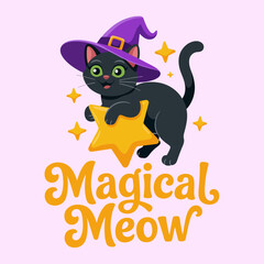 Magical meow kitty standing on star with purple hat, charming Halloween artwork, childrens sticker, greeting card, vector illustration