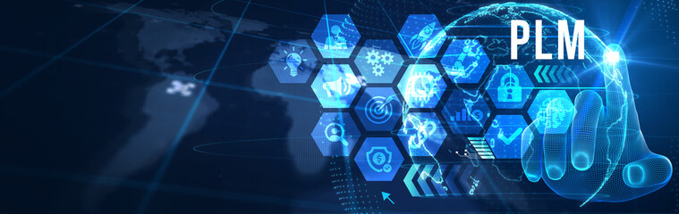 PLM Product lifecycle management system technology concept. Technology, Internet and network concept. 3d illustration