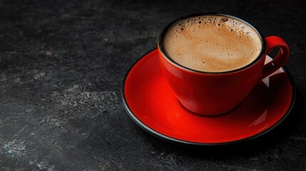 A cup of coffee with a frothy top sits on a red saucer against a dark gray background.