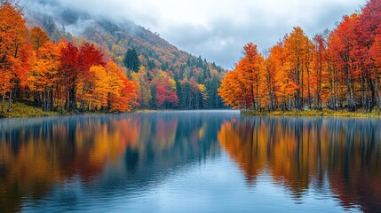 Autumn Lake Scenery: Colorful Forests Reflecting on Tranquil Water, Mountain Mist Enhancing Fall Atmosphere, Ideal for Landscape Decoration, Seasonal Theme Design, Nature Scene Material