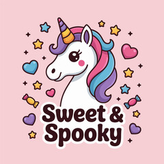 Sweet and spooky unicorn, rainbow mane with candy stars and hearts, magical Halloween artwork, vector design for kids apparel, prints, party invitations