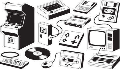 Title: A collection of stylized, black and white illustrations of various retro video game and electronic devices from the 1980s and 1990s.