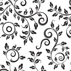A detailed and intricate black and white seamless pattern of elegant floral vines with swirling leaves and tendrils.