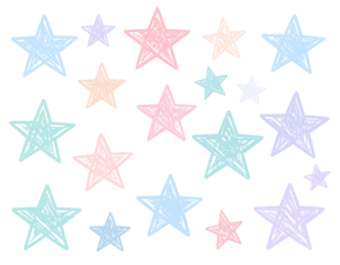 Soft Pastel Crayon Doodle Stars and Shapes, isolated on transparent background.