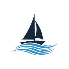 A stylized sailboat with dark sails sailing on blue waves against a white background is shown here