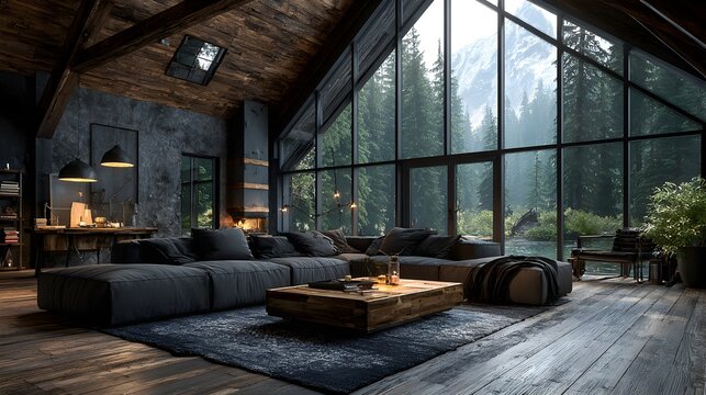 Cozy living room features large providing stunning views of evergreen forest and snow capped mountains.